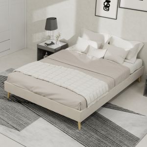 Cama estofada 140x200cm com arrumação veludo bege