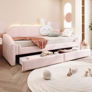 Sofá-cama infantil 90x200 cm com arrumação LED veludo rosa