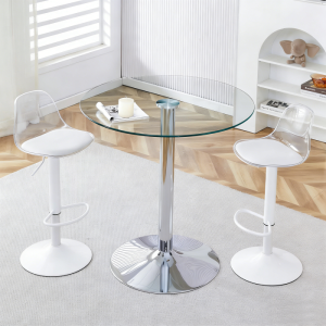 Conjunto mesa alta redonda em vidro transparente com 2 bancos