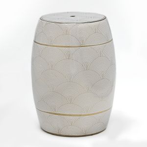 Banqueta 32x32x43 em cerâmica branca e dourada.