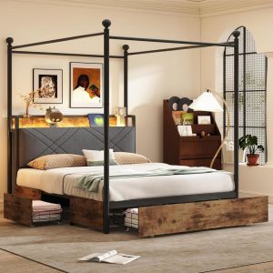 Cama 140x190cm madeira e metal com LED, usb-c, dossel, 3 gavetas preta