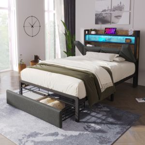 Cama estofada 90x200cm com LED, arrumação e gaveta linho – cinzento