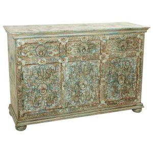 Aparador de madeira entalhada verde 147x45x96