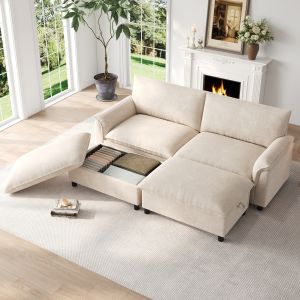 Sofá modular em u de chenille bege com 2 pufes e arrumação 4 lugares