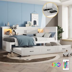 Cama gaveto 90x200cm com luzes LED e arrumação lateral branco