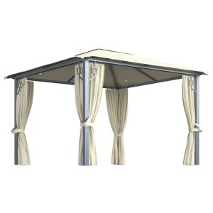 Gazebo com cortinas e cordões de luzes LED 3x3m alumínio creme