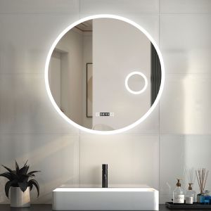 Espelho redondo de casa de banho com LED 60x60cm com ampliação 3x+relógios