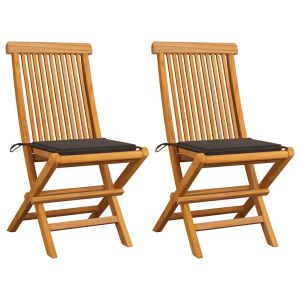 Cadeiras de jardim c/ almofadões cinza-acast. 2 pcs teca maciça