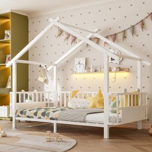Cama infantil 90x200cm em casa com grade de proteção metal – branco