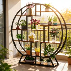 Estante para plantas redonda 150x30x158cm metal e madeira preto castanho