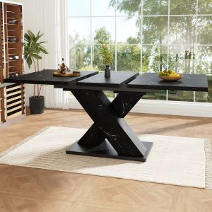 Mesa de jantar extensível preto efeito mármore 75x159x80cm