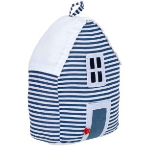 Peso de porta em aLGodão com casa azul, 16x12x20 cm (altura)