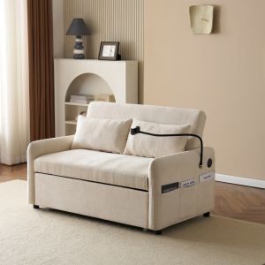 Sofá cama dobrável chenille bege 2 lugares com usb e encosto ajustável