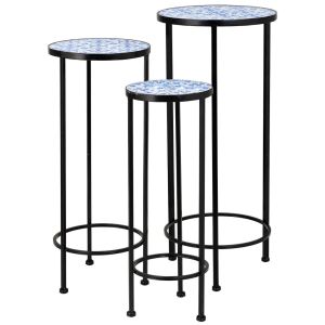 Conjunto de 3 peças de mosaico e suporte em ferro forjado azul d30x68h