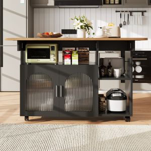 Ilha de cozinha com tampo dobrável e rodas - mdf preto e natural