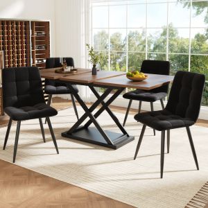 Conjunto mesa de jantar extensível com 4 cadeiras veludo nogueira/preto