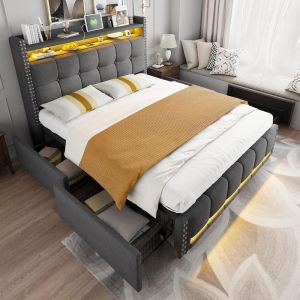 Cama estofada 140x200cm com LED usb e 4 gavetas cinzento