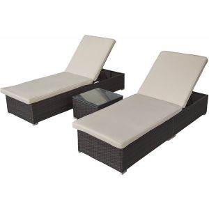 Conjunto de 2 espreguiçadeiras em resina trançada com almofadas e mesa baix