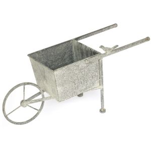 Plantador para carrinho de mão em metal cinza.