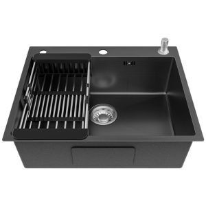 Pia de cozinha cinza escuro em inox 60x49cm com cesto de escorredor e dispe