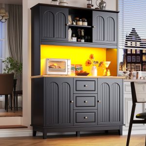 Armário alto com LED e usb em mdf preto e natural 120x40x180 cm