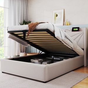 Cama individual 90x200cm com arrumação e carregamento usb c linho – bege
