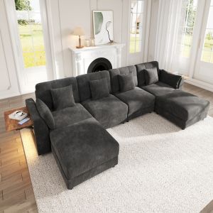 Sofá modular em u ou l em chenille cinzento 6 a 7 lugares com LED e hockers