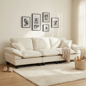 Sofá modular em chenille bege 3 lugares com apoios de braço curvos