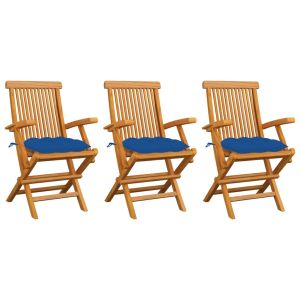 vidaXL sillas de jardín 3 uds madera maciza de teca con cojines azules