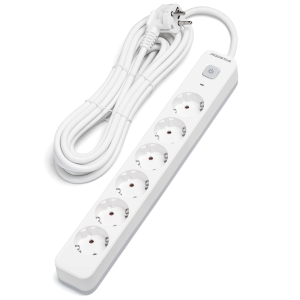 Aigostar régua tomadas, extensão de 6 tomadas, cabo de 5m, branco