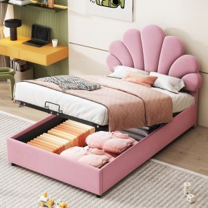Cama estofada 90x200cm com arrumação cabeceira floral veludo – rosa