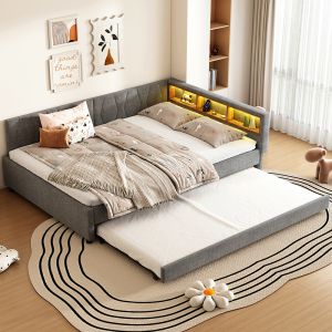 KOMHTOM,Cama,140x200cm,extensível,linho,cinzento.