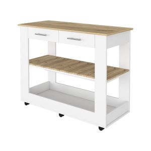 Isla de cocina con seis ruedas, dos cajones y dos estantes.