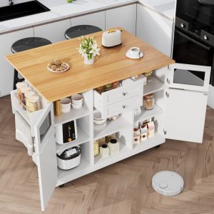 Ilha de cozinha com rodas em mdf branco 140 cm com abas dobráveis