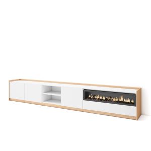 Móvel de tv, 310x37x50cm, branco e carvalho soft, lareira eléctrica rf4331