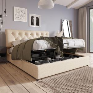 Cama com arrumação 140x200 cm, cabeceira ajustável com estrado natural