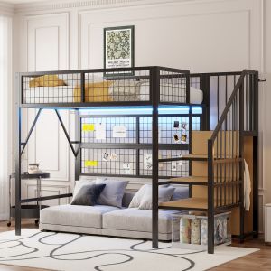 Cama alta 90x200cm com escada e arrumação metal – preto