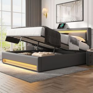 Cama estofada 140x190cm com usb LED e arrumação pu cinzento