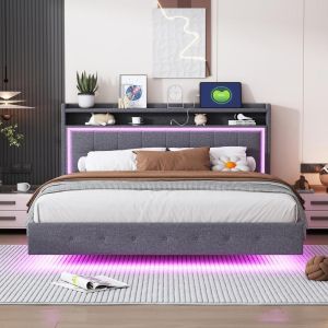 Cama estofada 160x200cm casal com usb LED cinza