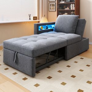 Sofá cama 3 em 1 estofado cinzento claro com LED usb c ajustável