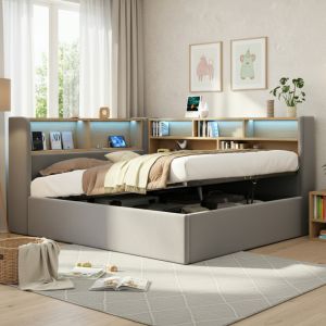 Cama de dia 140x200cm com arrumação hidráulica veludo – cinzento