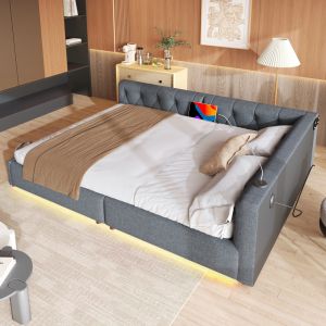 Sofá cama 140x200 cm em linho cinzento com estrado LED e usb c