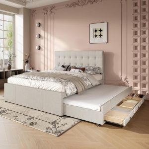 Cama dupla 140x200cm, 3 gavetas, cama ninho e cabeceira ajustável bege