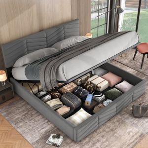 Cama estofada 160x200cm com arrumação veludo – cinzento