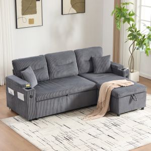 Sofá-cama 3 lugares com chaise longue em bombazina cinzento carbono