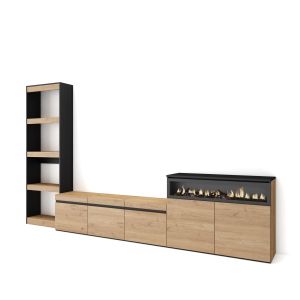 Móveis tv, 310x35x186cm, carvalho e preto, lareira eléctrica rf3154