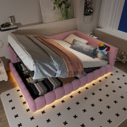 Sofá cama 140x200cm com arrumação LED e usb veludo – rosa