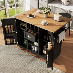 Ilha de cozinha com rodas e abas rebatíveis em mdf preto 140 cm