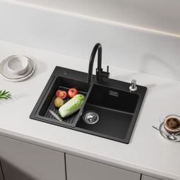 Pia de cozinha - preto antracite - 60x45cm - granito - misturadora giratóri