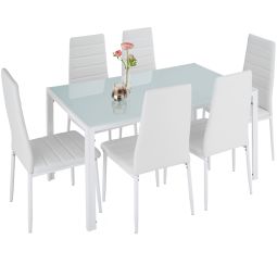 Tectake 7 peças mesa aço vidro, 6 cadeiras couro sintético, branco/branco